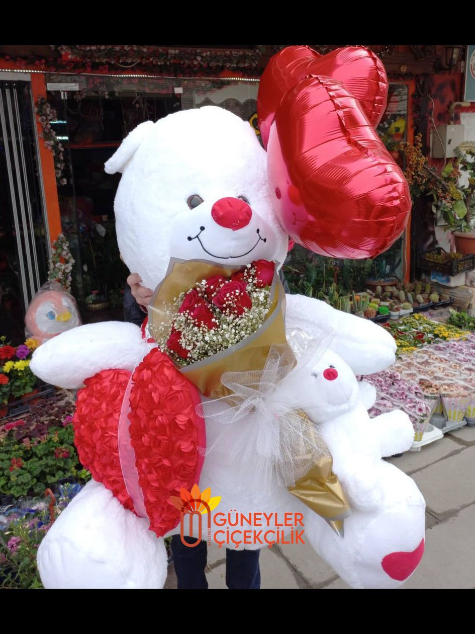 Ayı Kucağında Gül Buketi Yastık, Balon